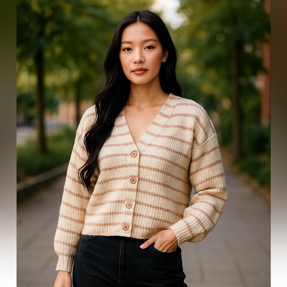 American Eagle Womens cream striped boxy cropped cardigan